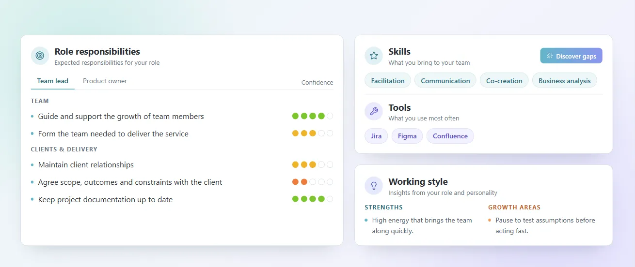 beUplifter role clarity view: a team lead's expected responsibilities with confidence ratings, their skills and tools, and working-style strengths and growth areas.